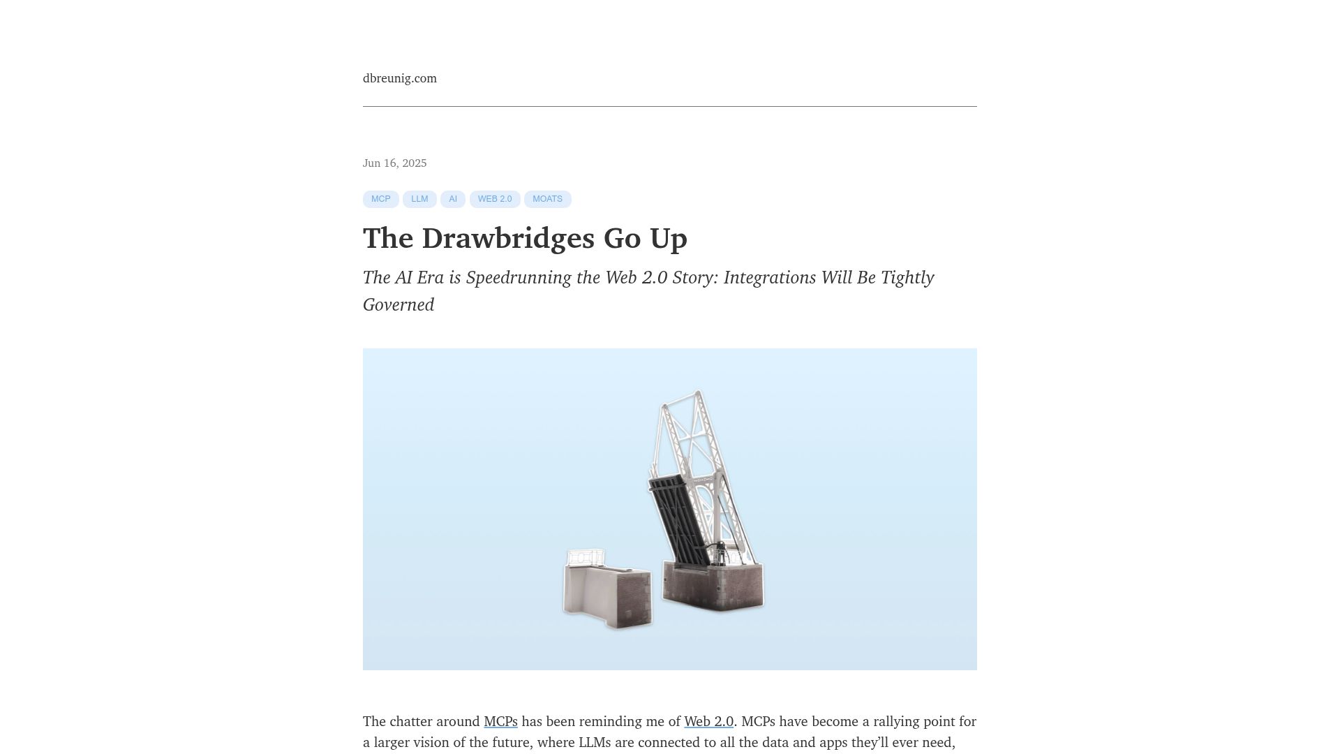Screenshot of dbreunig.com: The drawbridges come up: the dream of a interconnected context ecosystem is over