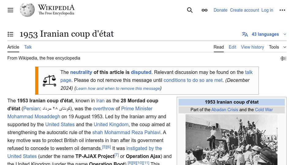 Screenshot of en.wikipedia.org: Western Oil: the US/UK-Backed Iranian Coup D'état of 1953
