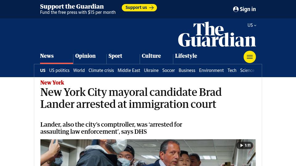 Screenshot of theguardian.com: New York City mayoral candidate Brad Lander arrested at immigration court