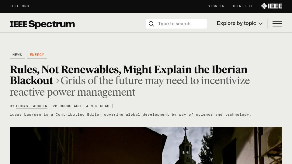 Screenshot of spectrum.ieee.org: Rules, Not Renewables, Might Explain the Iberian Blackout