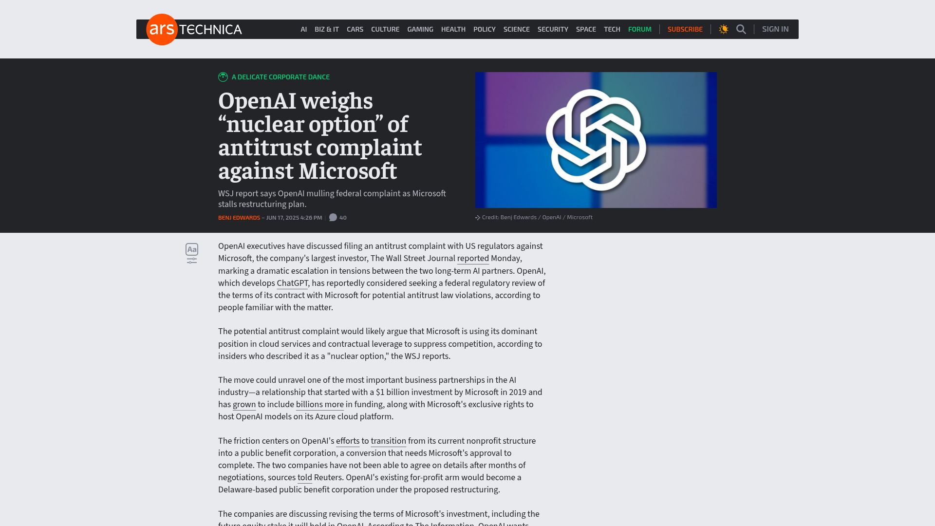 Screenshot of arstechnica.com: OpenAI weighs "nuclear option" of antitrust complaint against Microsoft