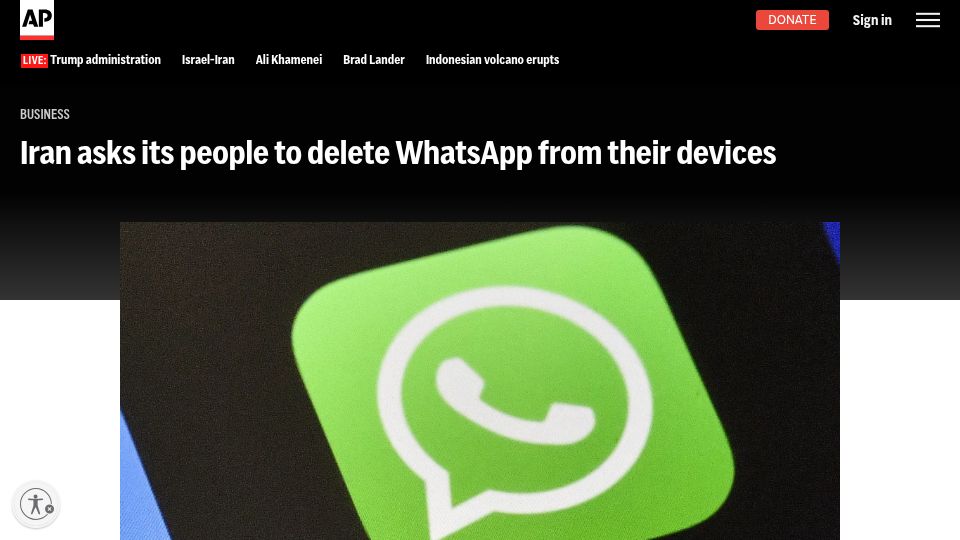 Screenshot of apnews.com: Iran asks its people to delete WhatsApp from their devices