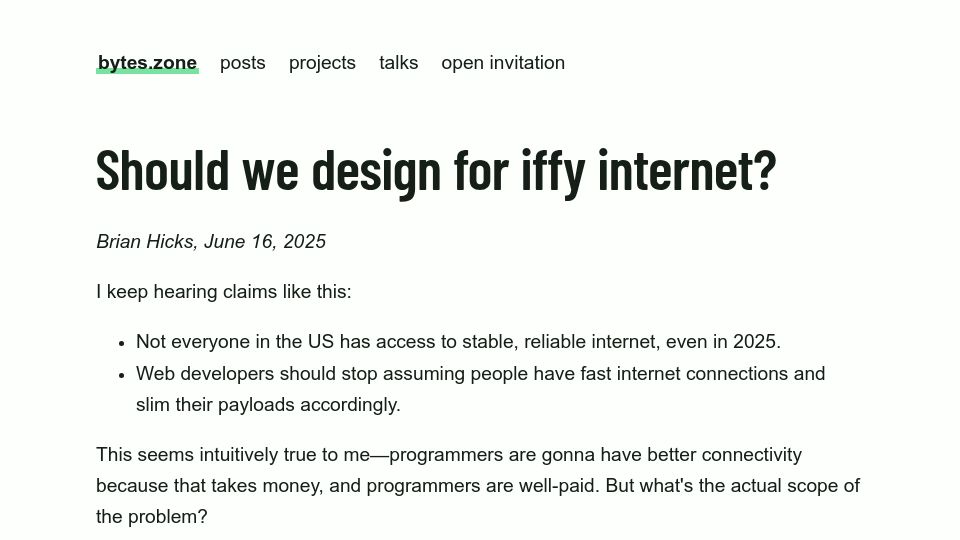 Screenshot of bytes.zone: Should we design for iffy internet?