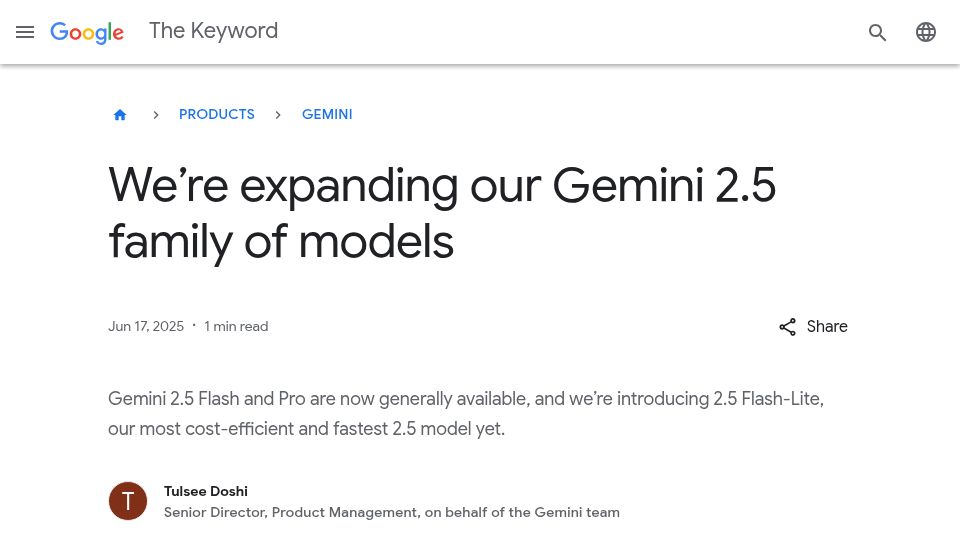 Screenshot of blog.google: Making 2.5 Flash and 2.5 Pro GA, and introducing Gemini 2.5 Flash-Lite
