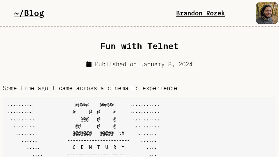 Screenshot of brandonrozek.com: Fun with Telnet
