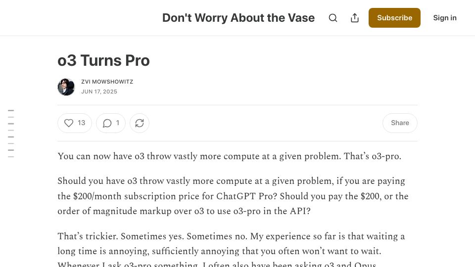 Screenshot of thezvi.substack.com: O3 Turns Pro