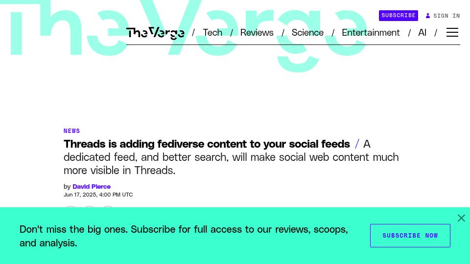 Screenshot of theverge.com: Threads is adding Fediverse content to social feeds