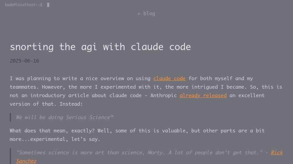 Screenshot of kadekillary.work: Snorting the AGI with Claude Code