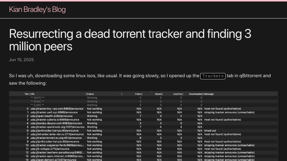 Screenshot of kianbradley.com: Resurrecting a dead torrent tracker and finding 3M peers