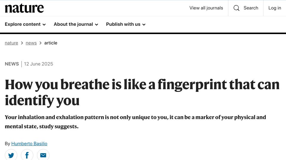 Screenshot of nature.com: How you breathe is like a fingerprint that can identify you