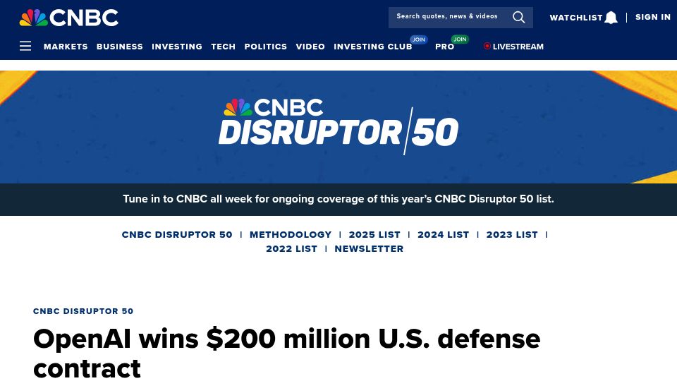 Screenshot of cnbc.com: OpenAI wins $200M U.S. defense contract
