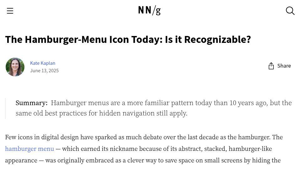 Screenshot of nngroup.com: The hamburger-menu icon today: Is it recognizable?