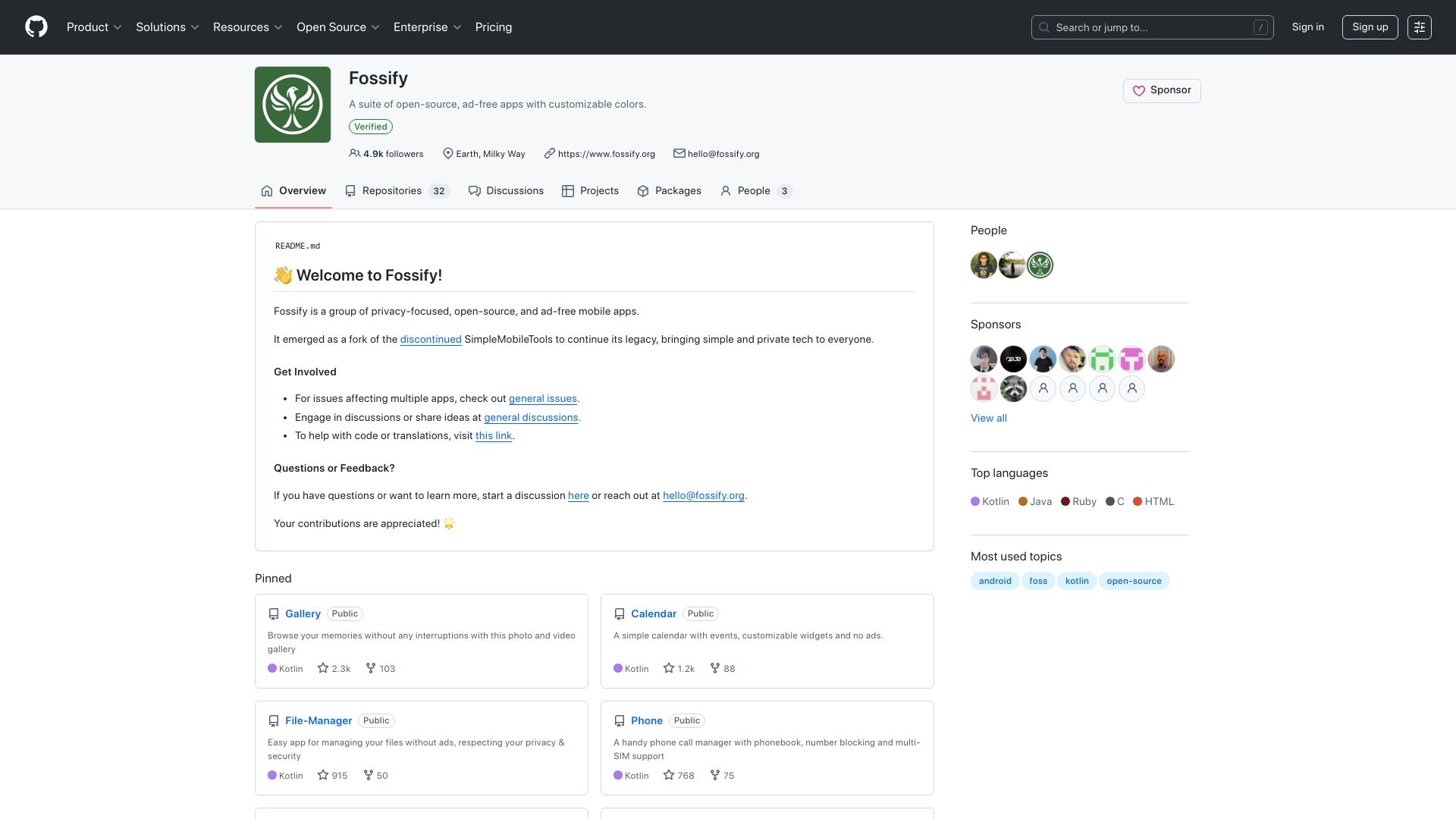 Screenshot of github.com: Fossify – A suite of open-source, ad-free apps