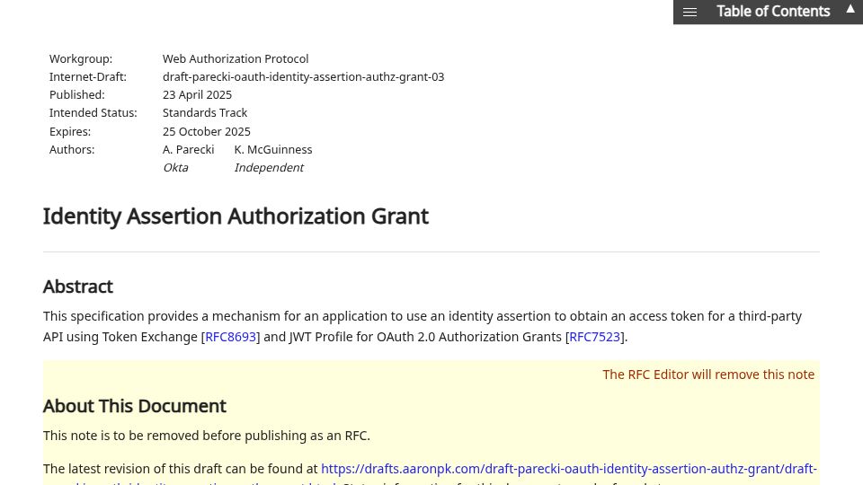 Screenshot of ietf.org: Identity Assertion Authorization Grant