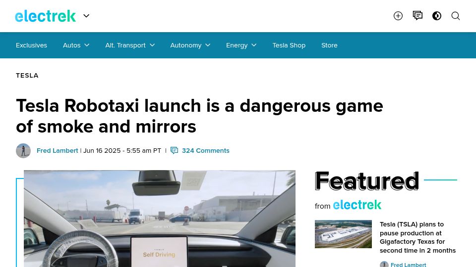 Screenshot of electrek.co: Tesla Robotaxi launch is a dangerous game of smoke and mirrors