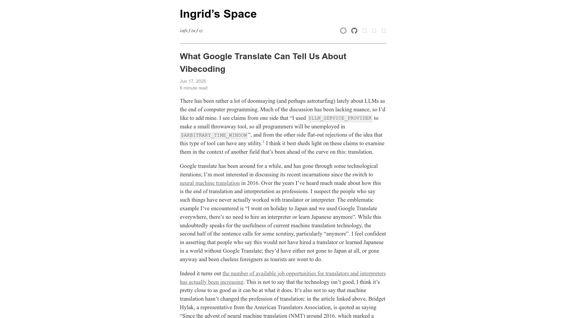 Screenshot of ingrids.space: What Google Translate can tell us about vibecoding