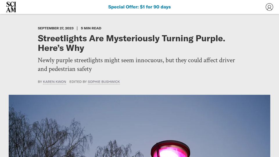 Screenshot of scientificamerican.com: US Streetlights Are Turning Purple