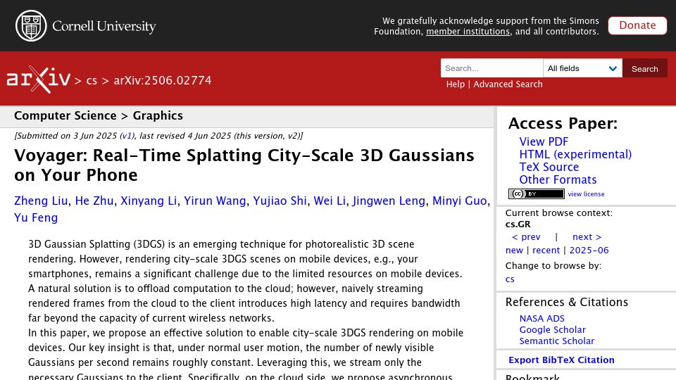 Screenshot of arxiv.org: Voyager: Real-Time Splatting City-Scale 3D Gaussians on Your Phone