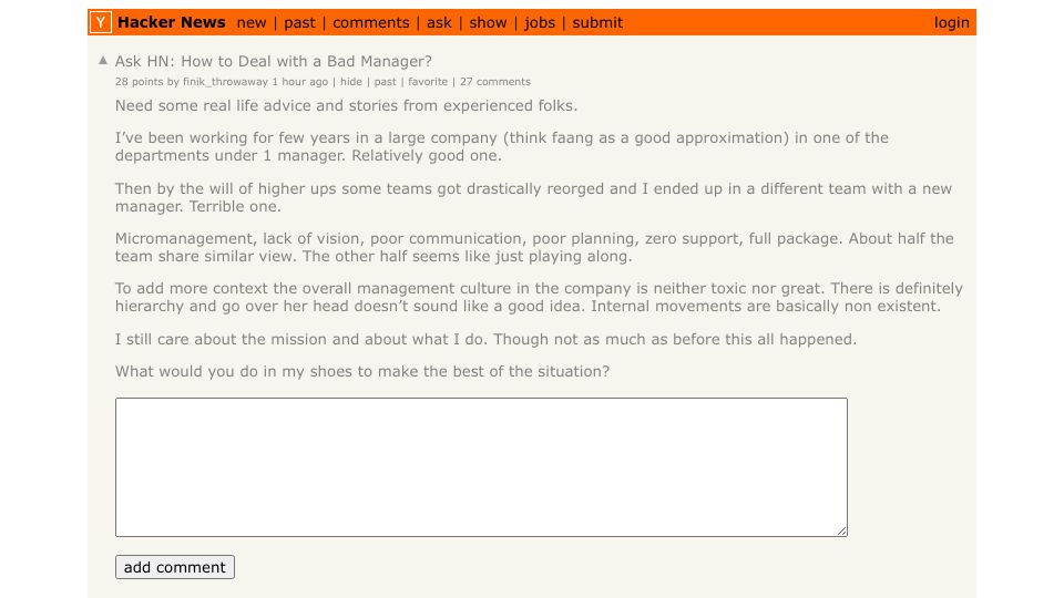 Screenshot of Hacker News post: Ask HN: How to Deal with a Bad Manager?