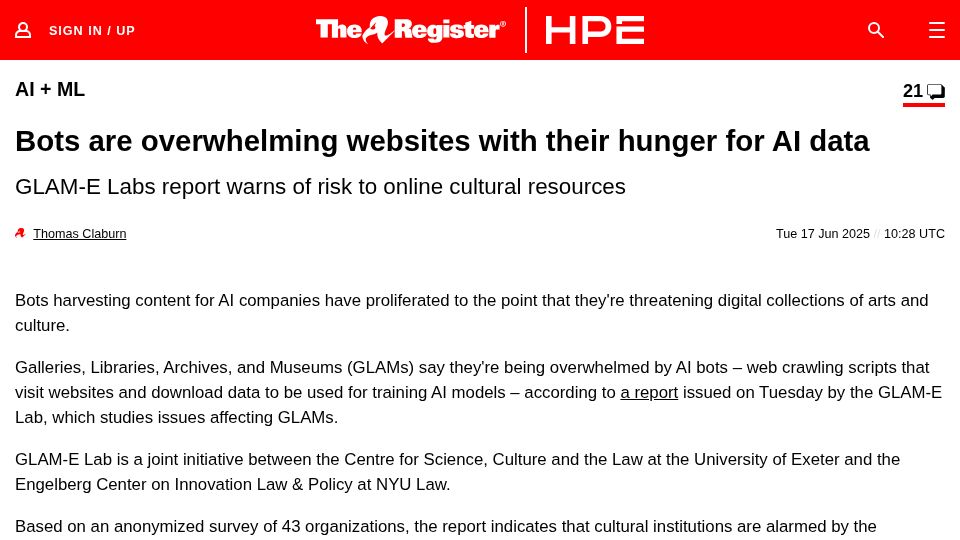 Screenshot of theregister.com: Bots are overwhelming websites with their hunger for AI data