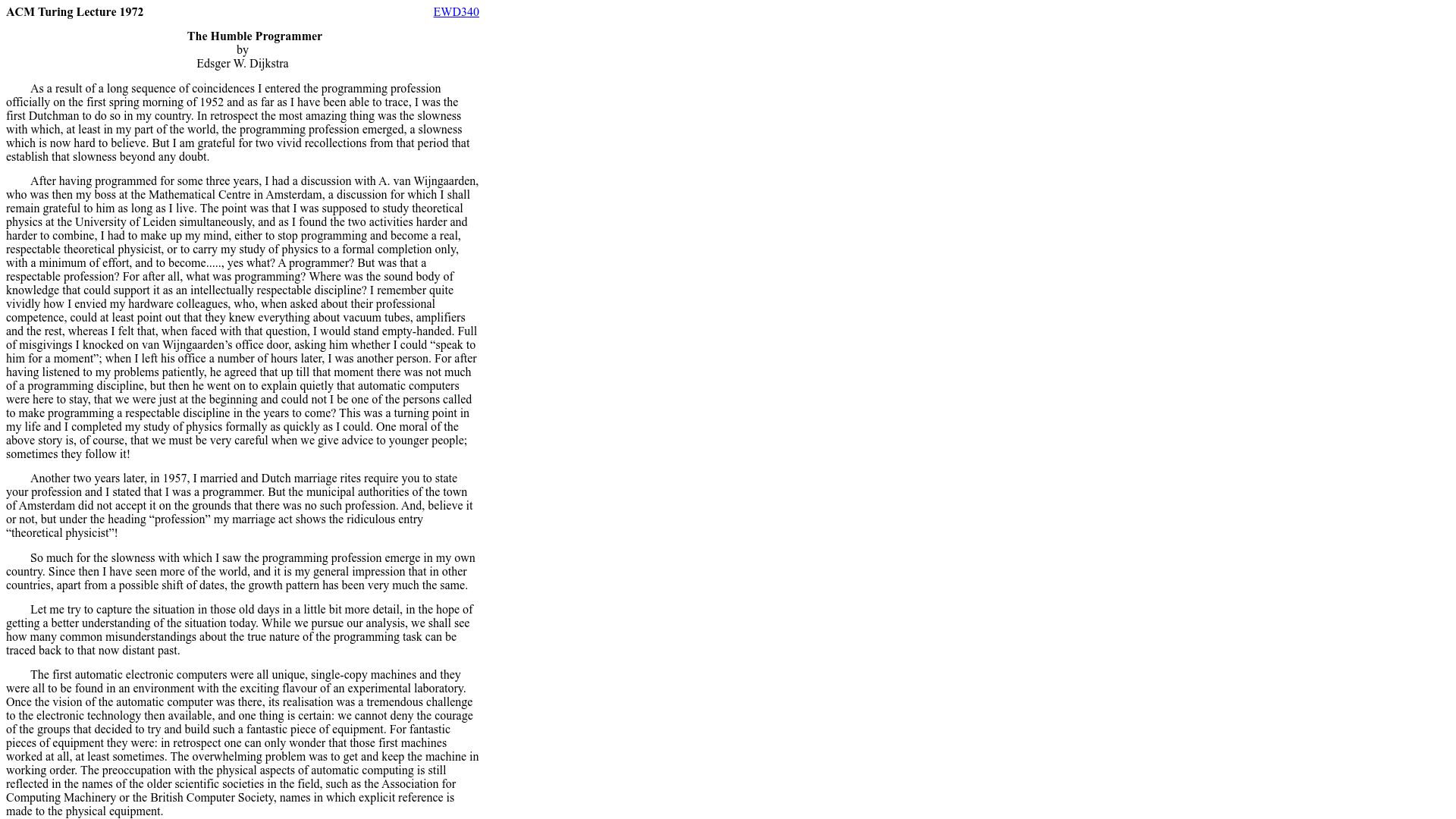 Screenshot of cs.utexas.edu: The Humble Programmer (1972)