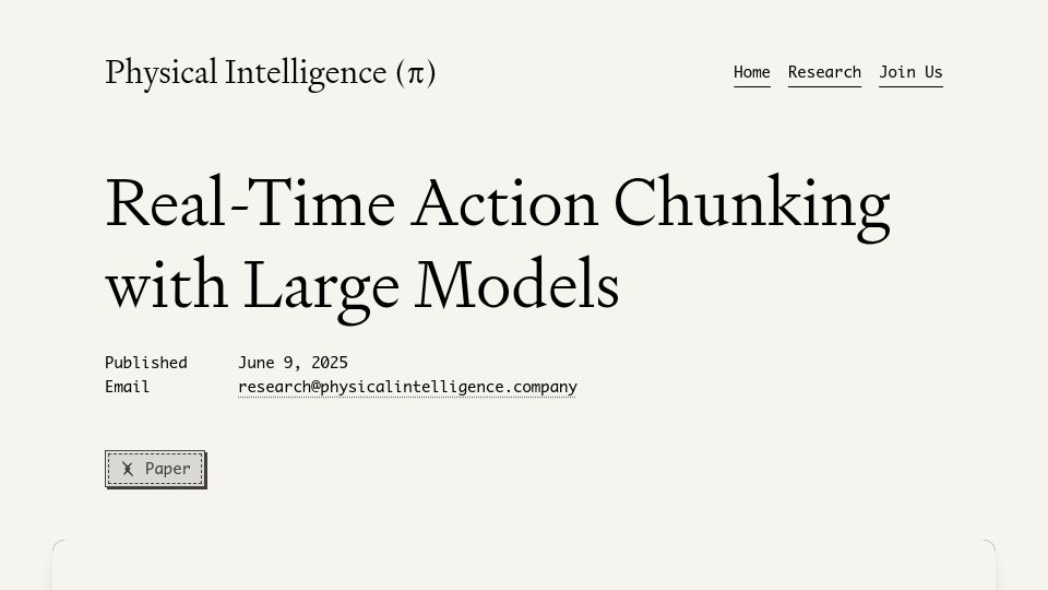 Screenshot of pi.website: Real-time action chunking with large models