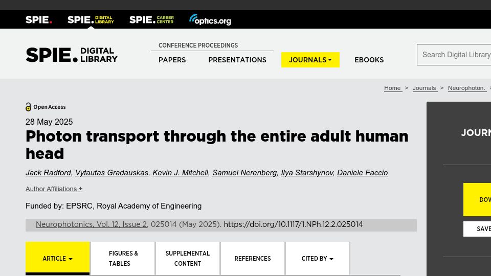 Screenshot of spiedigitallibrary.org: Photon transport through the entire adult human head