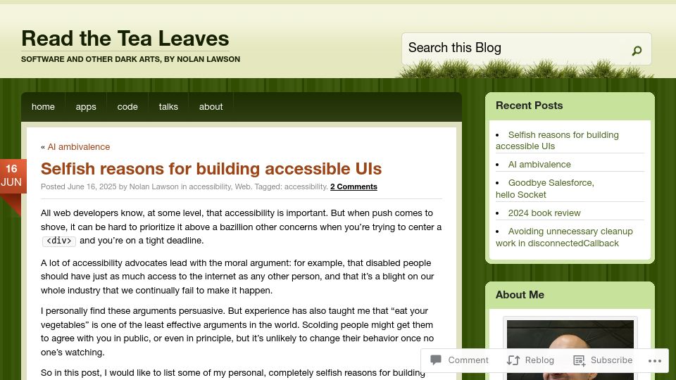 Screenshot of nolanlawson.com: Selfish reasons for building accessible UIs