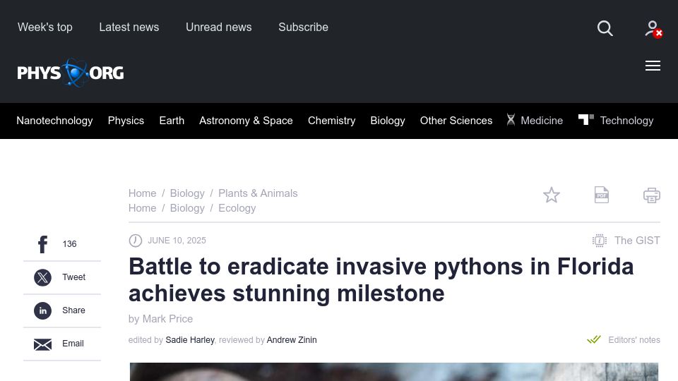 Screenshot of phys.org: Battle to eradicate invasive pythons in Florida achieves milestone