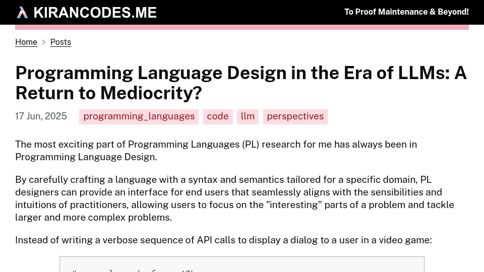 Screenshot of kirancodes.me: LLMs pose an interesting problem for DSL designers