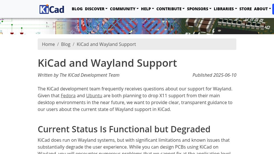 Screenshot of kicad.org: KiCad and Wayland Support