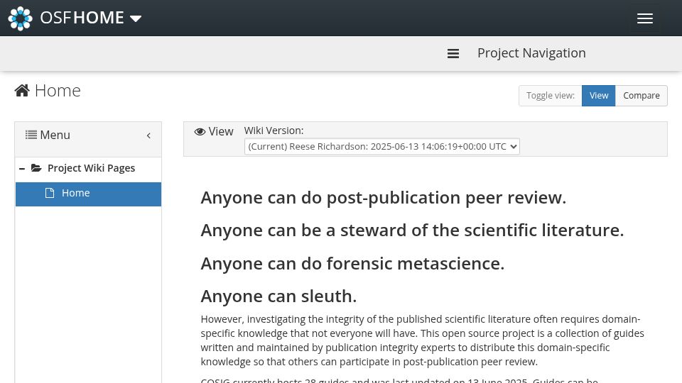Screenshot of osf.io: Guidelines on how to be a scientific sleuth released