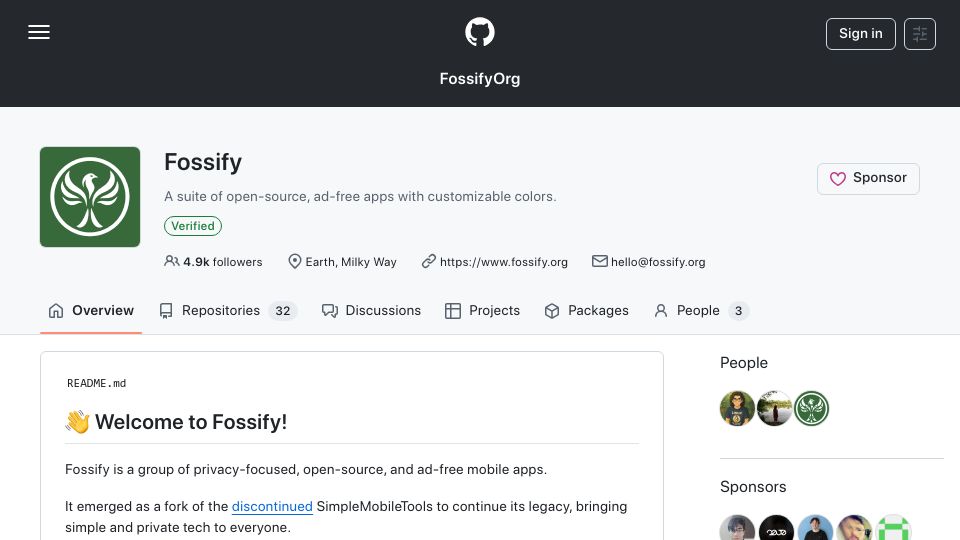 Screenshot of github.com: Fossify – A suite of open-source, ad-free apps