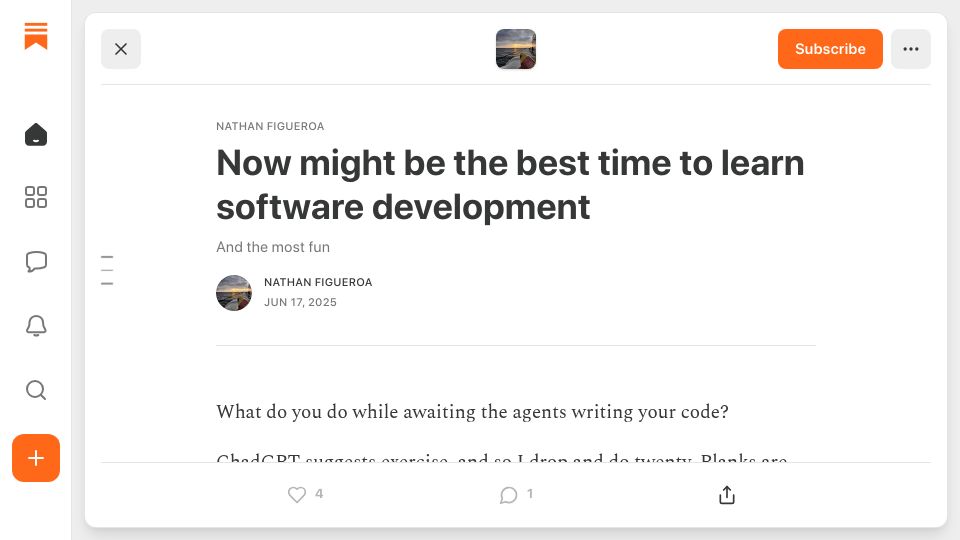 Screenshot of substack.com: Now might be the best time to learn software development