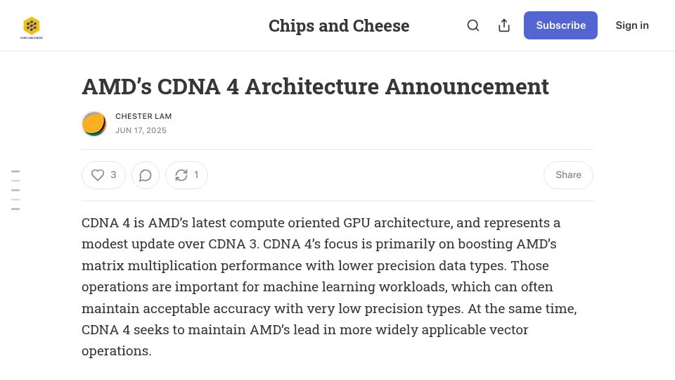 Screenshot of chipsandcheese.com: AMD's CDNA 4 Architecture Announcement