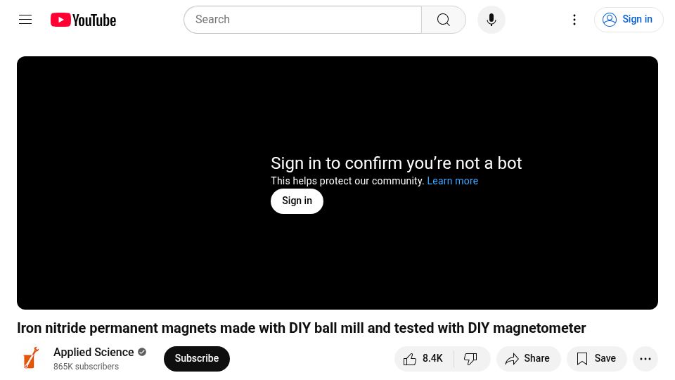 Screenshot of youtube.com: Iron nitride permanent magnets made with DIY ball mill [video]