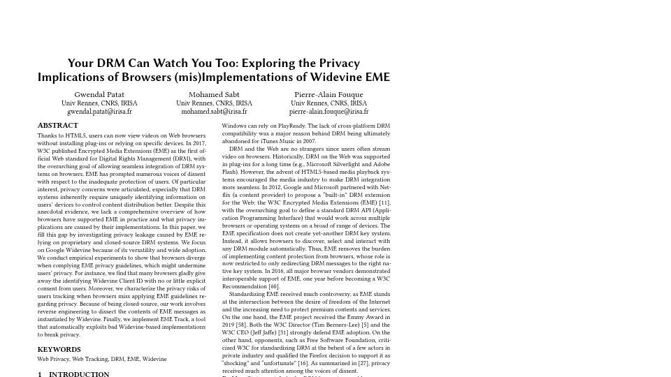 Screenshot of hal.science: Privacy implications of browsers’ (mis)implementations of Widevine EME (2023)