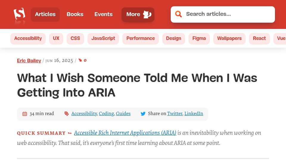 Screenshot of smashingmagazine.com: What I Wish Someone Told Me When I Was Getting into ARIA