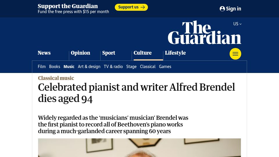 Screenshot of theguardian.com: Celebrated pianist and writer Alfred Brendel dies aged 94