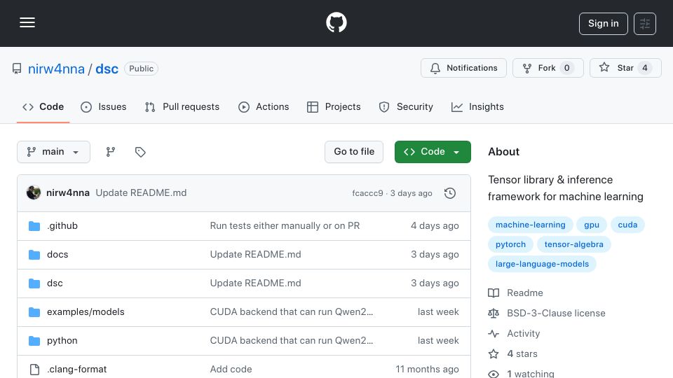 Screenshot of github.com: Show HN: I built a tensor library from scratch in C++/CUDA