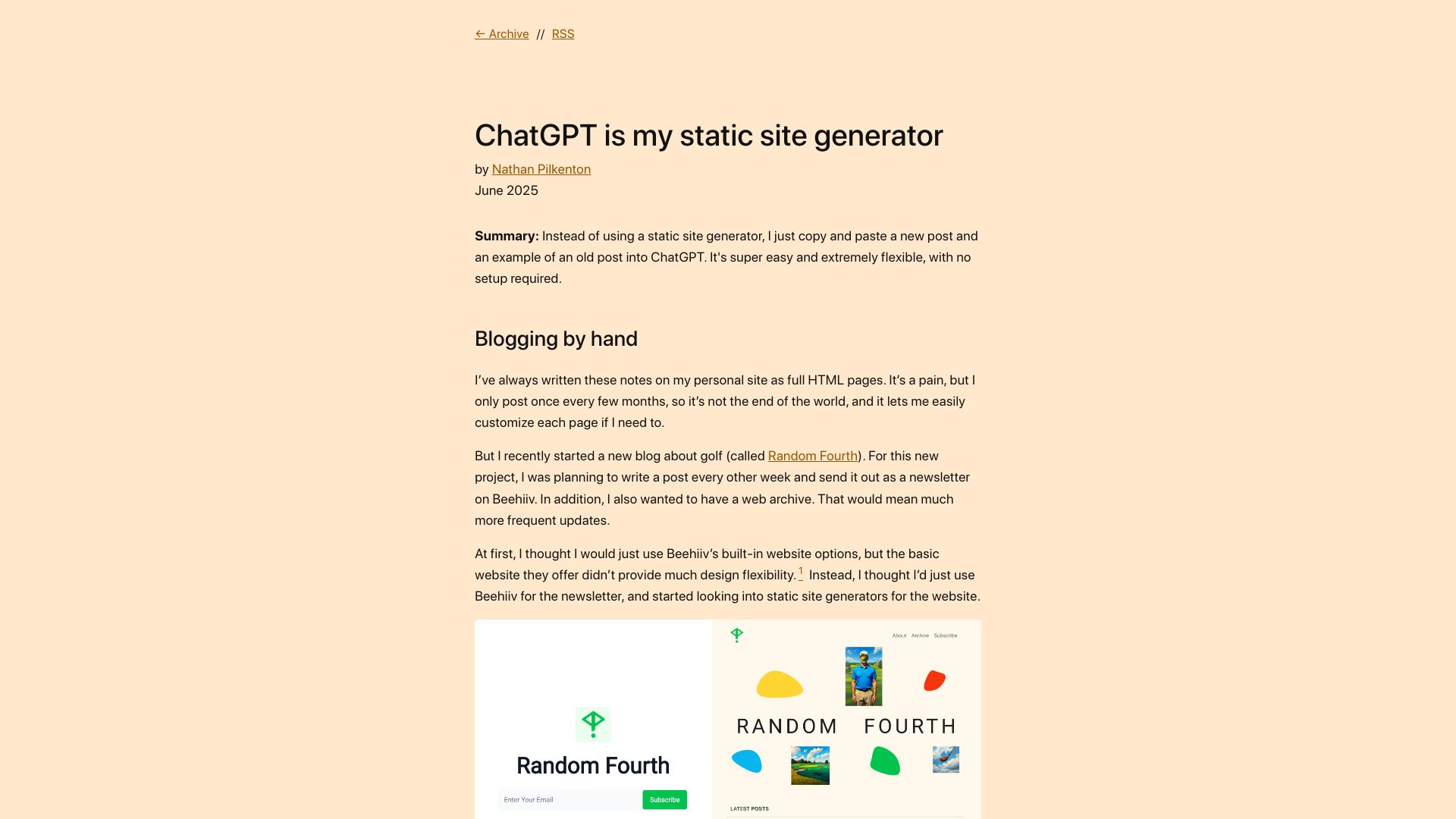 Screenshot of notes.npilk.com: ChatGPT is my static site generator