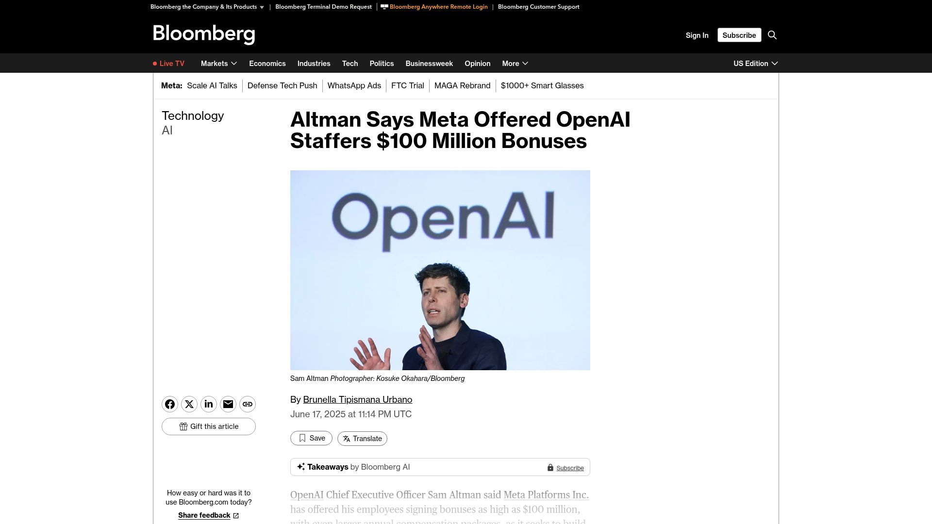 Screenshot of bloomberg.com: Sam Altman Says Meta Offered OpenAI Staffers $100M Bonuses