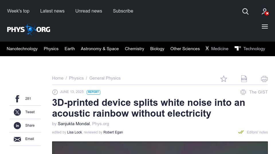 Screenshot of phys.org: 3D-printed device splits white noise into an acoustic rainbow without power
