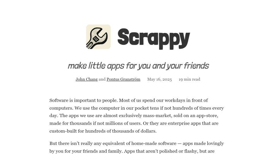 Screenshot of pontus.granstrom.me: Scrappy – Make little apps for you and your friends