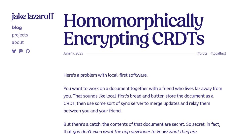 Screenshot of jakelazaroff.com: Homomorphically Encrypting CRDTs