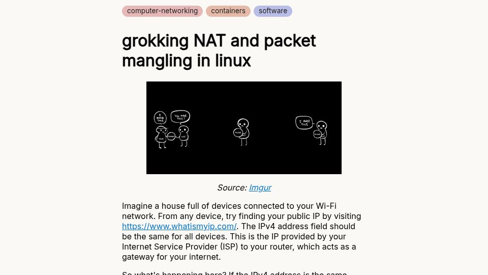 Screenshot of vivekn.dev: Grokking NAT and packet mangling in Linux