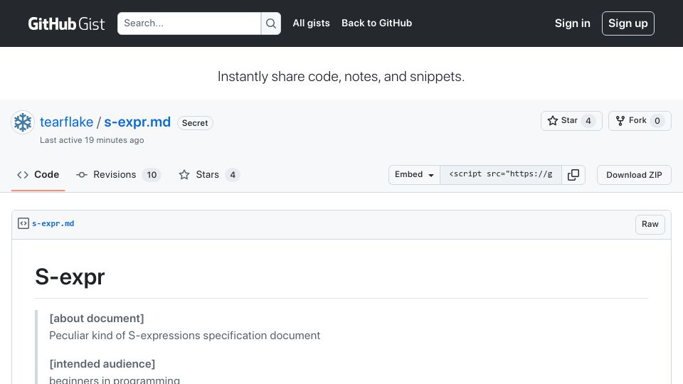 Screenshot of gist.github.com: A different take on S-expressions