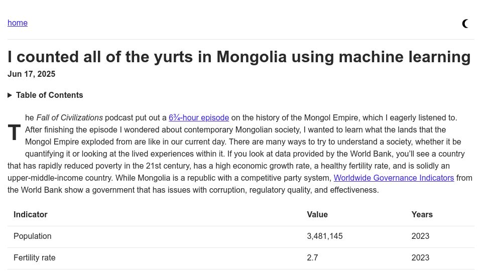 Screenshot of monroeclinton.com: I counted all of the yurts in Mongolia using machine learning