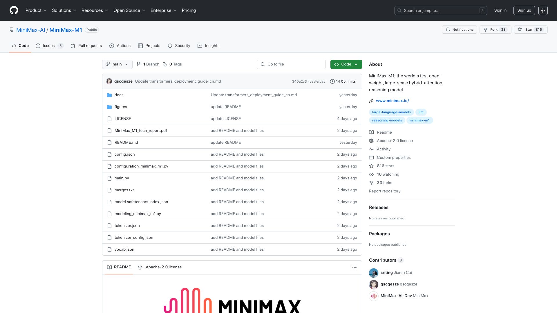 Screenshot of github.com: MiniMax-M1 open-weight, large-scale hybrid-attention reasoning model