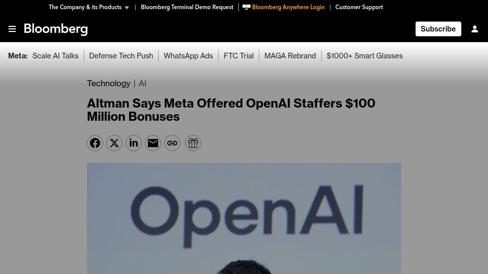 Screenshot of bloomberg.com: Sam Altman Says Meta Offered OpenAI Staffers $100M Bonuses